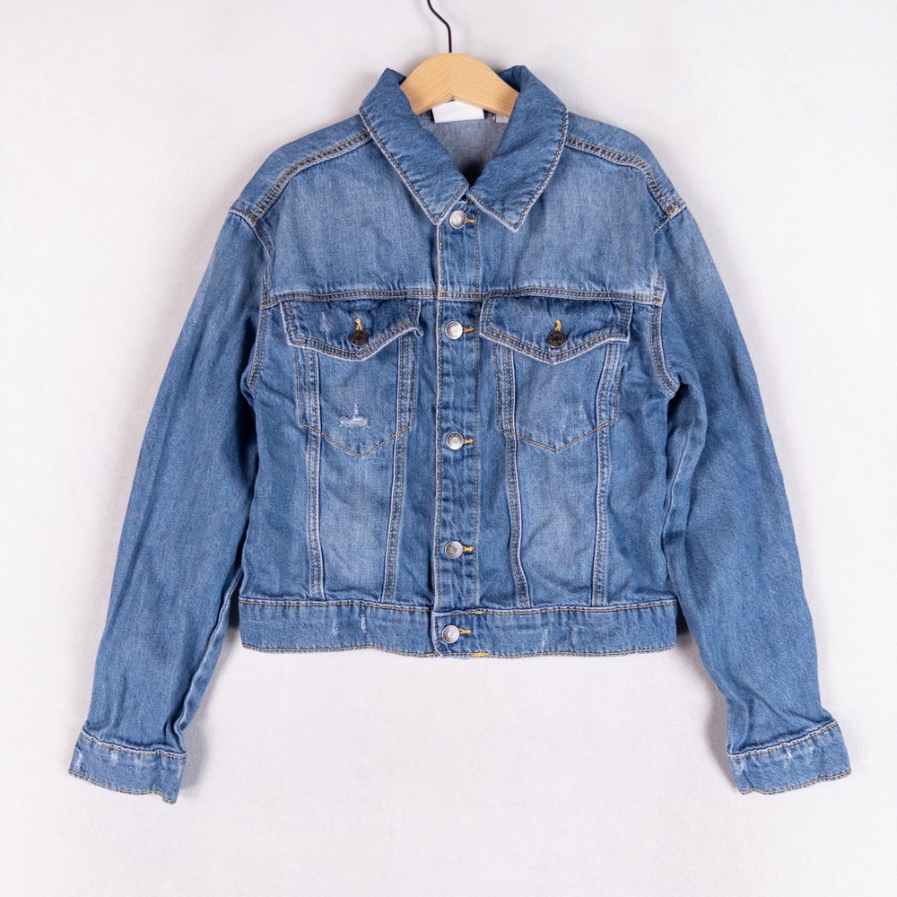 Colorful Planet Girls Denim Trucker Jacket L 12 Blue Distressed Cotton Jean